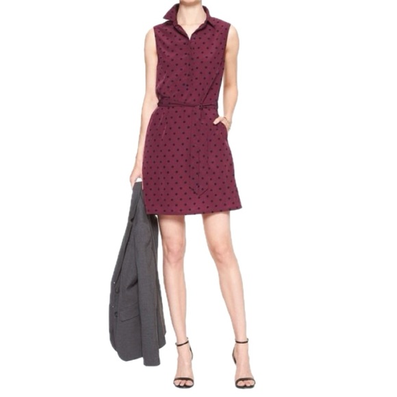 BANANA REPUBLIC Women's Polka Dot Tie-Waist Shirt Dress Burgundy Sz 6P - Picture 1 of 10